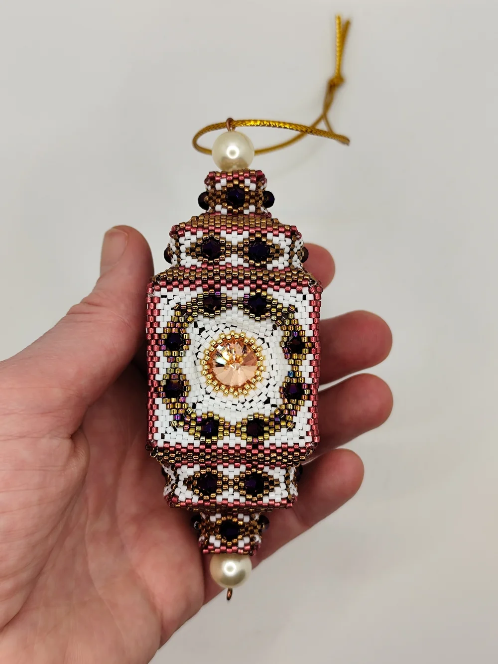 Beaded  Ornament in White, Rose Gold & Black